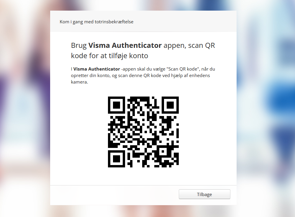 Viser QR-kode i opsætningen af totrinsbekræftelse – bruges til at forbinde kontoen med Visma Authenticator-appen.