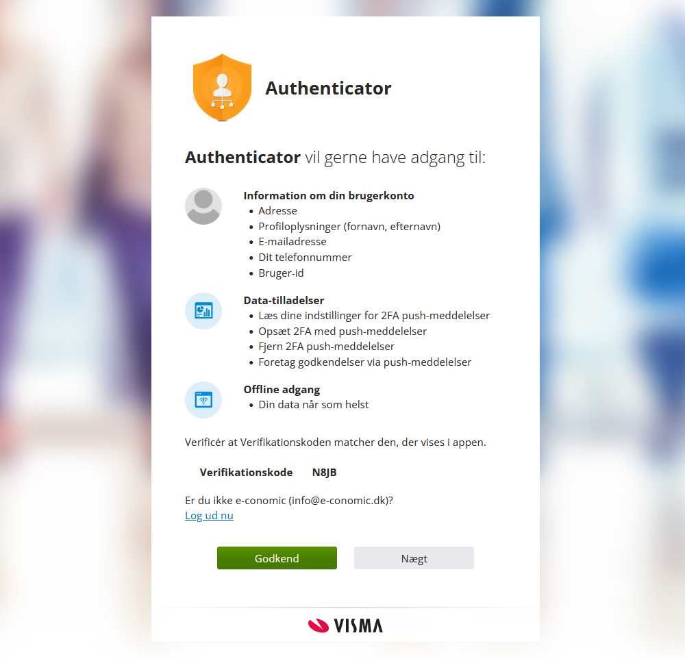 Viser godkendelsesvinduet for Authenticator-appen i opsætningen af to-faktor-godkendelse – bruges til at forbinde appen til din e-conomic konto.