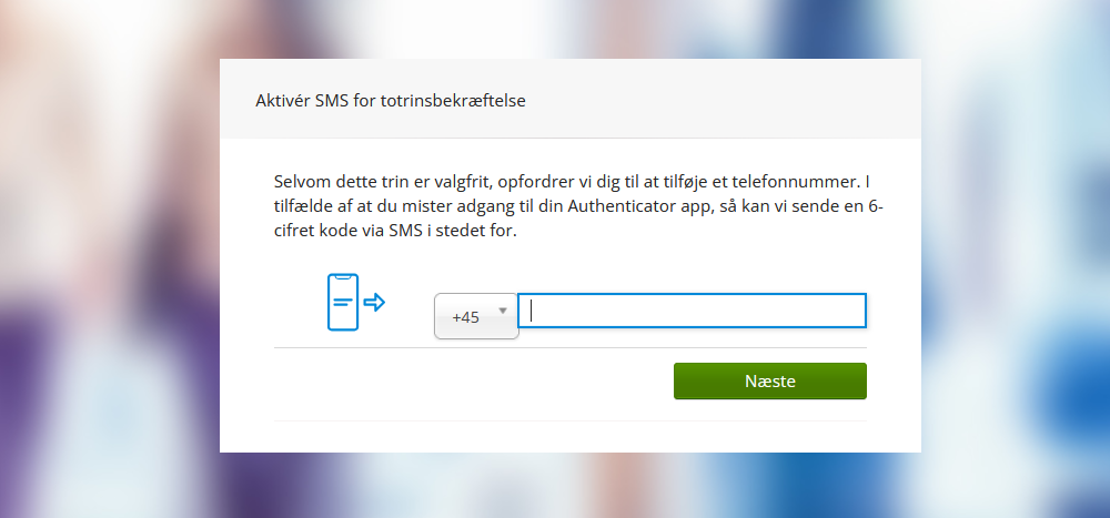 Viser indtastning af telefonnummer i opsætning af totrinsbekræftelse – bruges til at aktivere SMS som en backup-loginmetode.