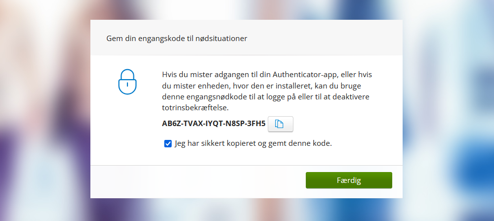 Viser en engangsnødkode i opsætningen af totrinsbekræftelse – bruges til at logge på, hvis man mister adgangen til sin authenticator-app.
