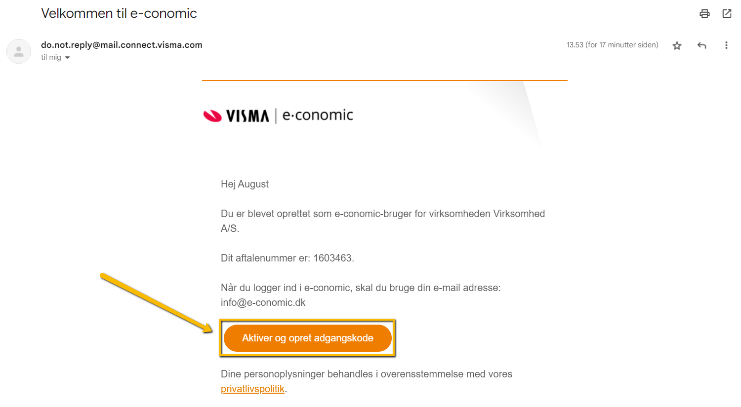 Viser knappen 'Aktiver og opret adgangskode' i velkomstmailen – bruges til at aktivere sin bruger og oprette en adgangskode.