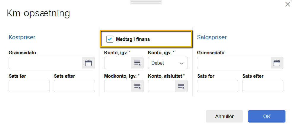 Viser afkrydsningsfeltet 'Medtag i finans' i Km-opsætning – bruges til at bogføre kostpriser for kørsel i finans.