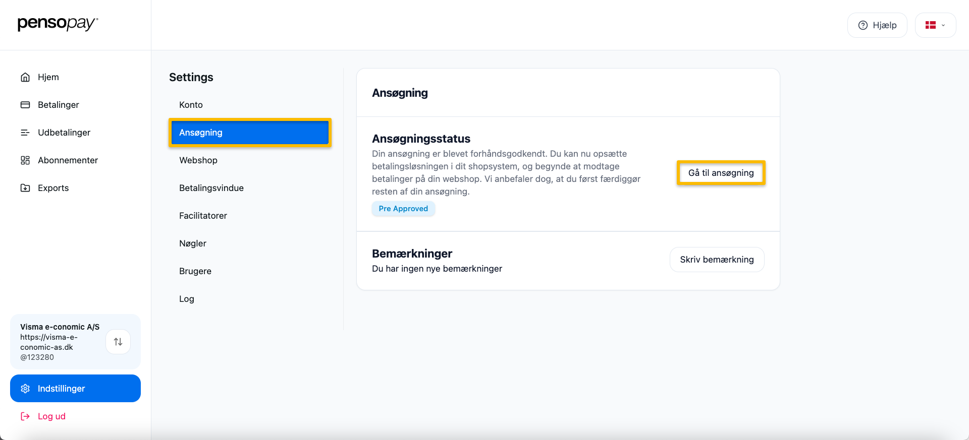 Viser knappen 'Gå til ansøgning' under Indstillinger i pensopay – bruges til at åbne og fortsætte sin KYC-ansøgning.