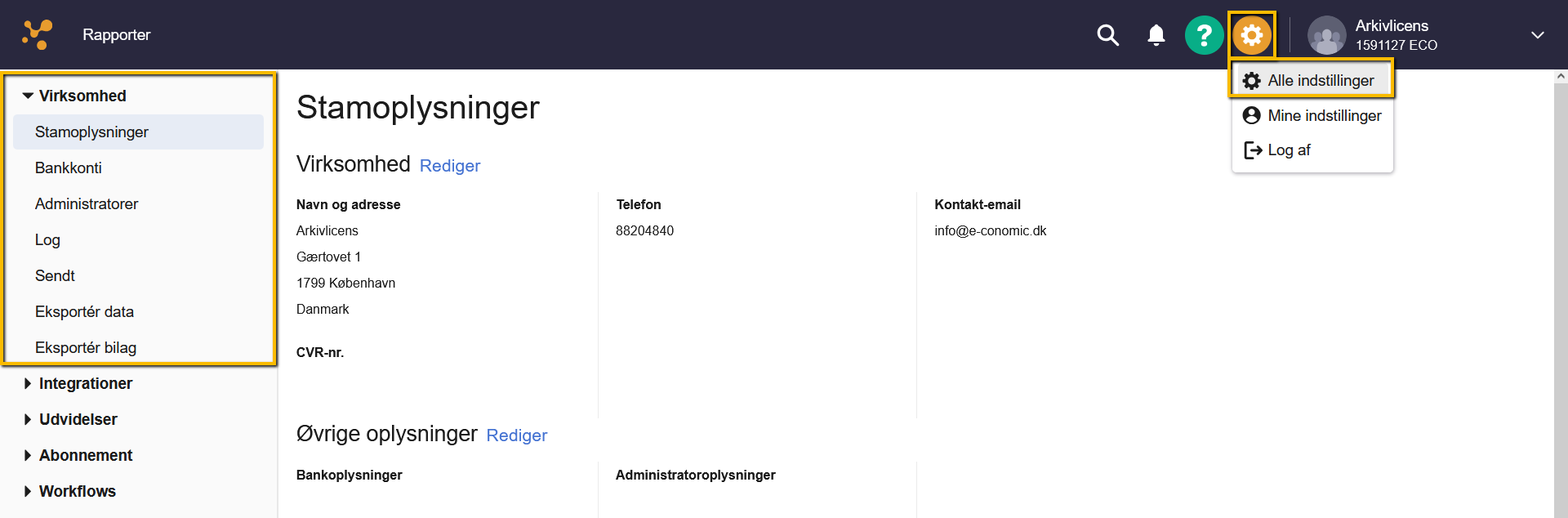 Viser Virksomhedsfanen i Alle indstillinger – bruges til at administrere stamoplysninger og eksportere data og bilag.