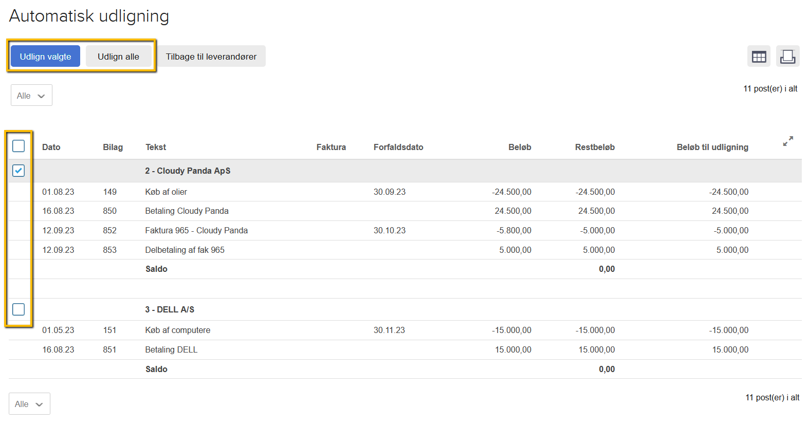 Viser listen over åbne leverandørposter i Automatisk udligning – bruges til at markere en leverandør og udligne posterne med knappen 'Udlign valgte'.