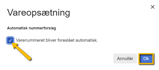 Viser fluebenet 'Automatisk nummerforslag' i Vareopsætning – bruges til at aktivere automatiske forslag til varenumre.