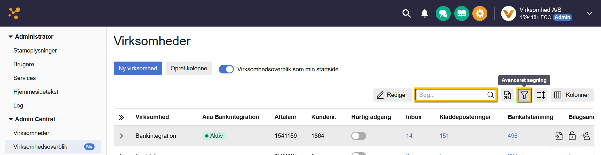 Viser virksomhedsoverblikket i Admin Central – bruges til at oprette nye kolonner i listen over virksomheder.