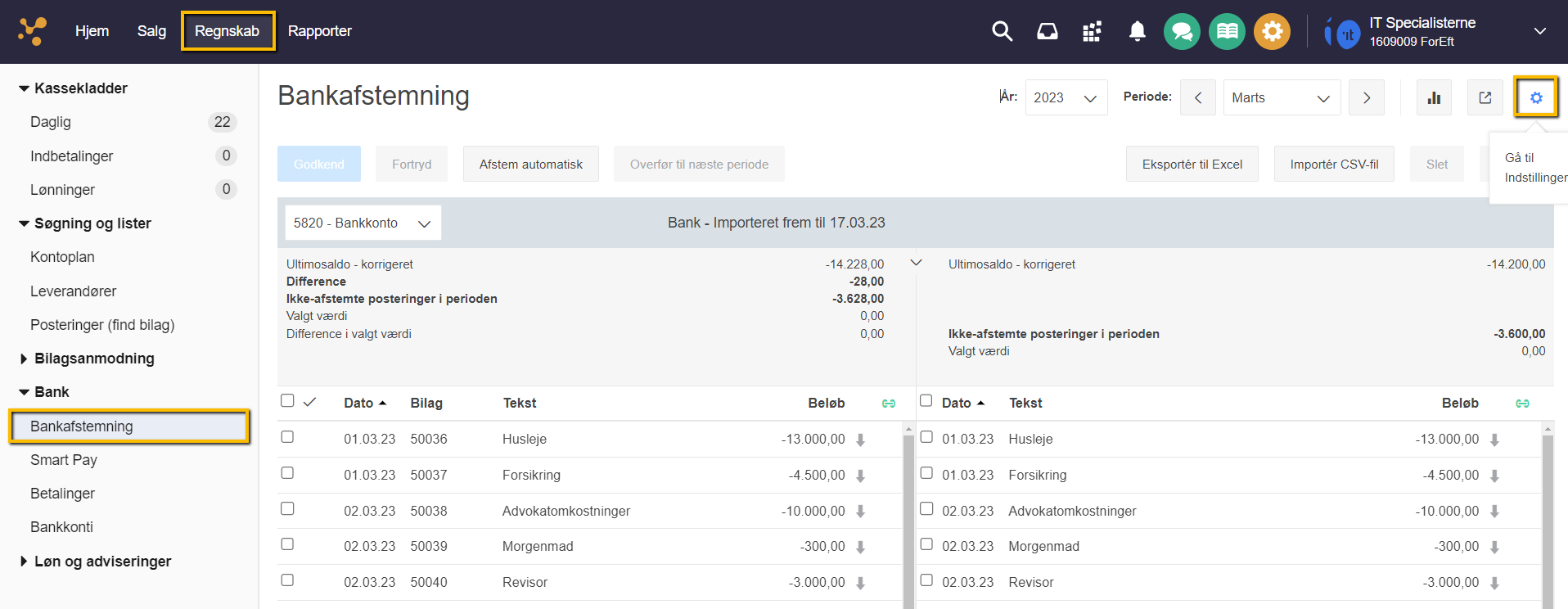 Viser tandhjulsikonet 'Gå til Indstillinger' i Bankafstemning – bruges til at opsætte automatisk afstemning.