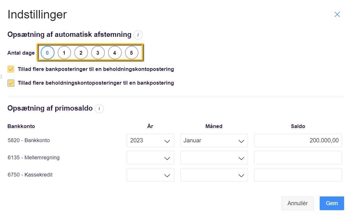 Viser indstillingerne for automatisk afstemning i Bankafstemning – bruges til at definere reglerne for systemets automatiske match af posteringer.