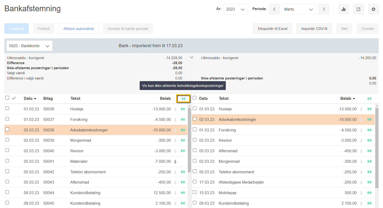 Viser filterikonet for afstemte posteringer i bankafstemningen – bruges til at skjule eller vise afstemte posteringer for at skabe overblik.