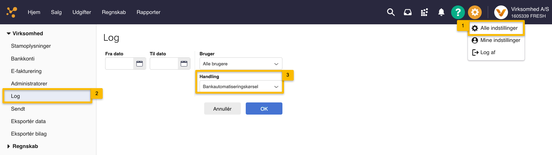Viser filtrering på handlingen "Bankautomatiseringskørsel" i loggen under Alle indstillinger – bruges til at finde en detaljeret log over alle Bank Workflow-kørsler.