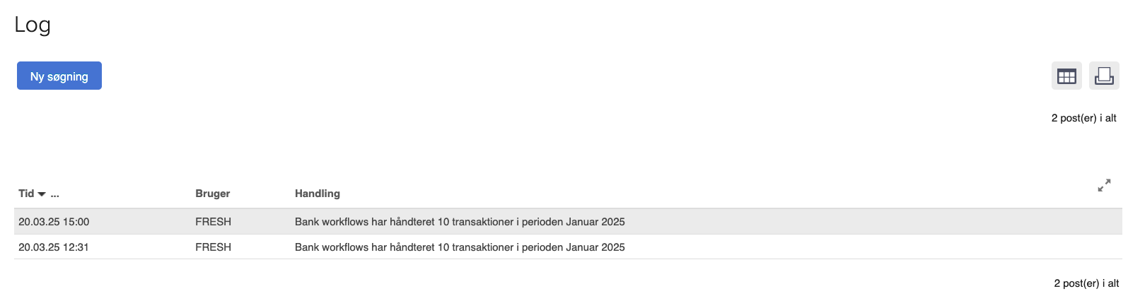 Viser loggen over handlinger i Bank Workflows – bruges til at få et overblik over automatisk håndterede transaktioner.