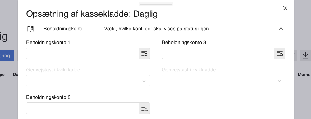 Viser opsætning af beholdningskonti i kassekladden – bruges til at tilføje en bankkonto som en beholdningskonto.