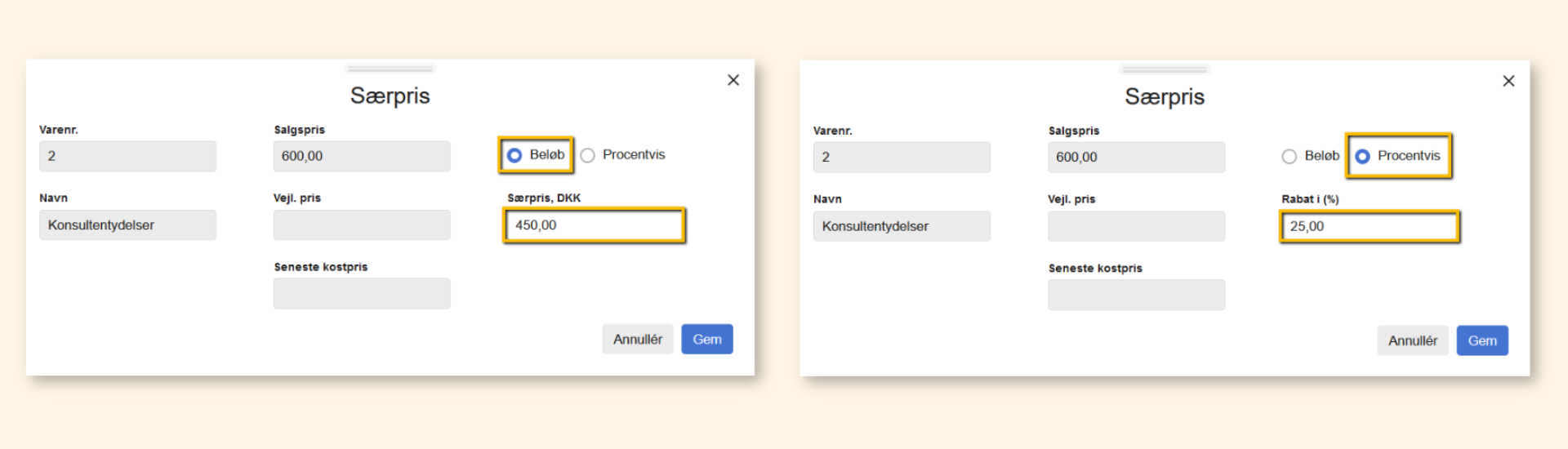 Viser valgmulighederne for særpris i Særpris-vinduet – bruges til at angive en særpris som enten et fast beløb eller en procentvis rabat.