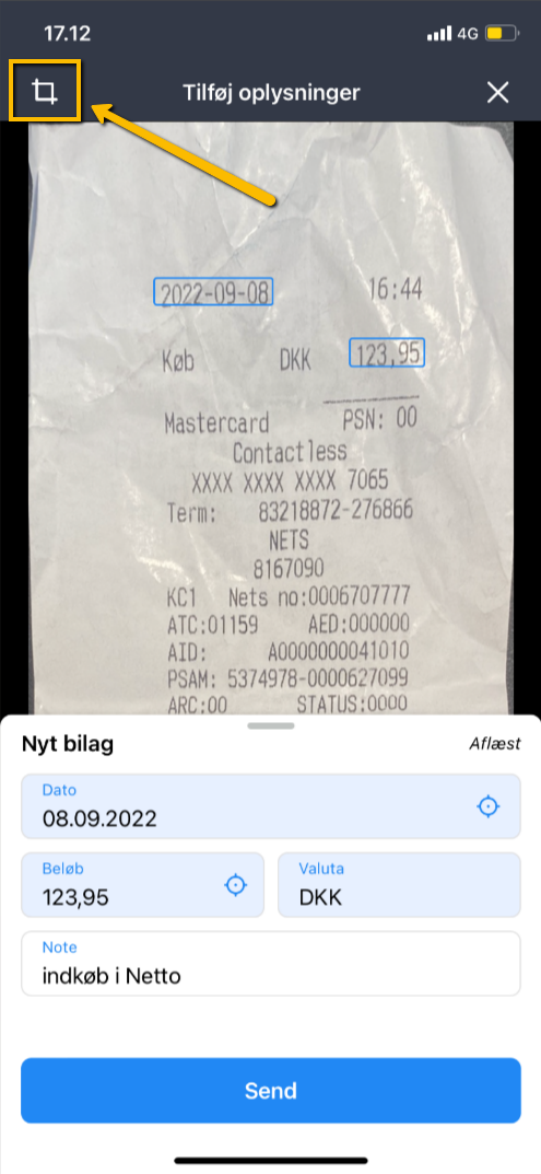 Viser beskæringsikonet i billedvisningen i mobilappen – bruges til at tilpasse billedudsnittet af bilaget.