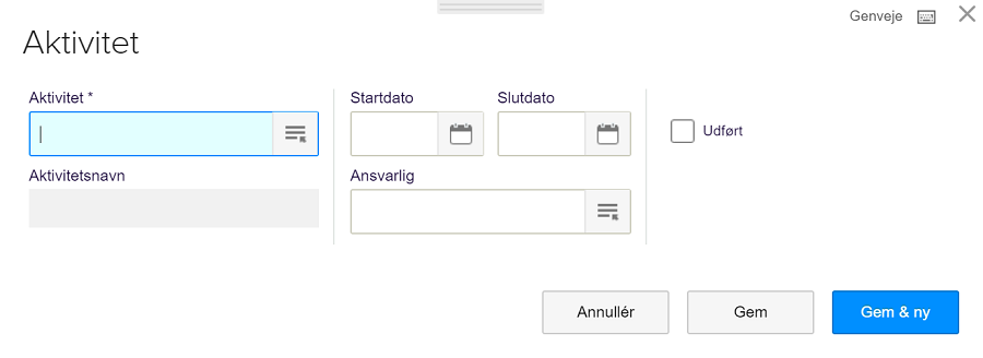 Viser oprettelsesdialogen 'Aktivitet' i projektstyringsmodulet – bruges til at oprette og tilknytte en ny aktivitet til et projekt.
