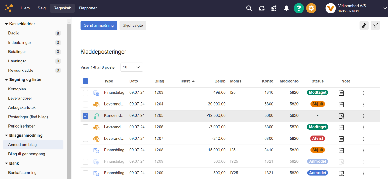 Viser oversigten over posteringer i Anmod om bilag – bruges til at spore status og anmode om manglende bilag.