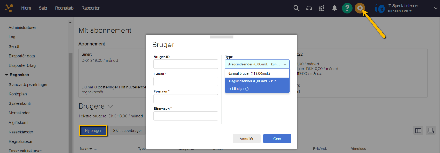 Viser oprettelsesvinduet for en ny bruger i Abonnementsstatus – bruges til at oprette en Bilagsindsender.