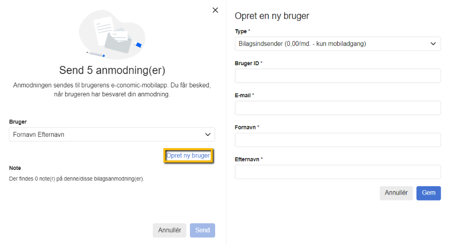Viser oprettelse af en ny bruger i funktionen Bilagsanmodning – bruges til at tilføje en Bilagsindsender, når man anmoder om et bilag.