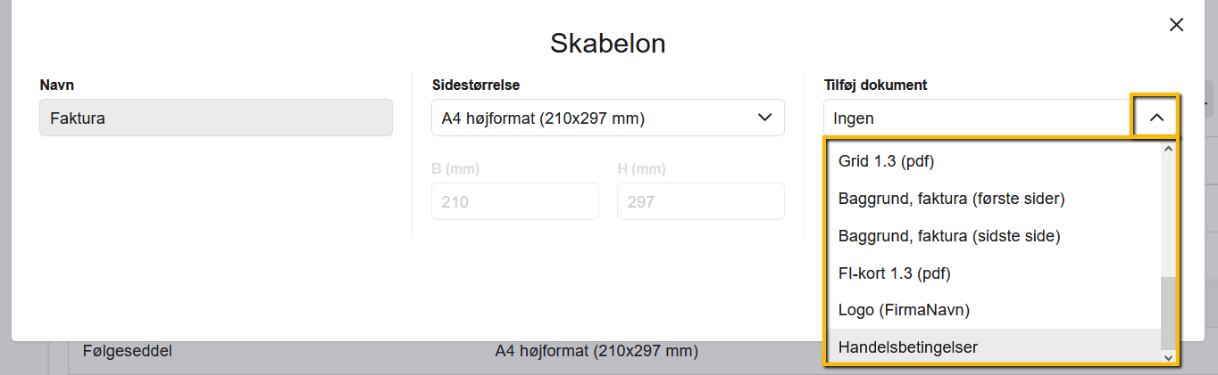 Viser rullemenuen 'Tilføj dokument' i indstillingerne for en skabelon – bruges til at vælge et dokument fra billedarkivet.