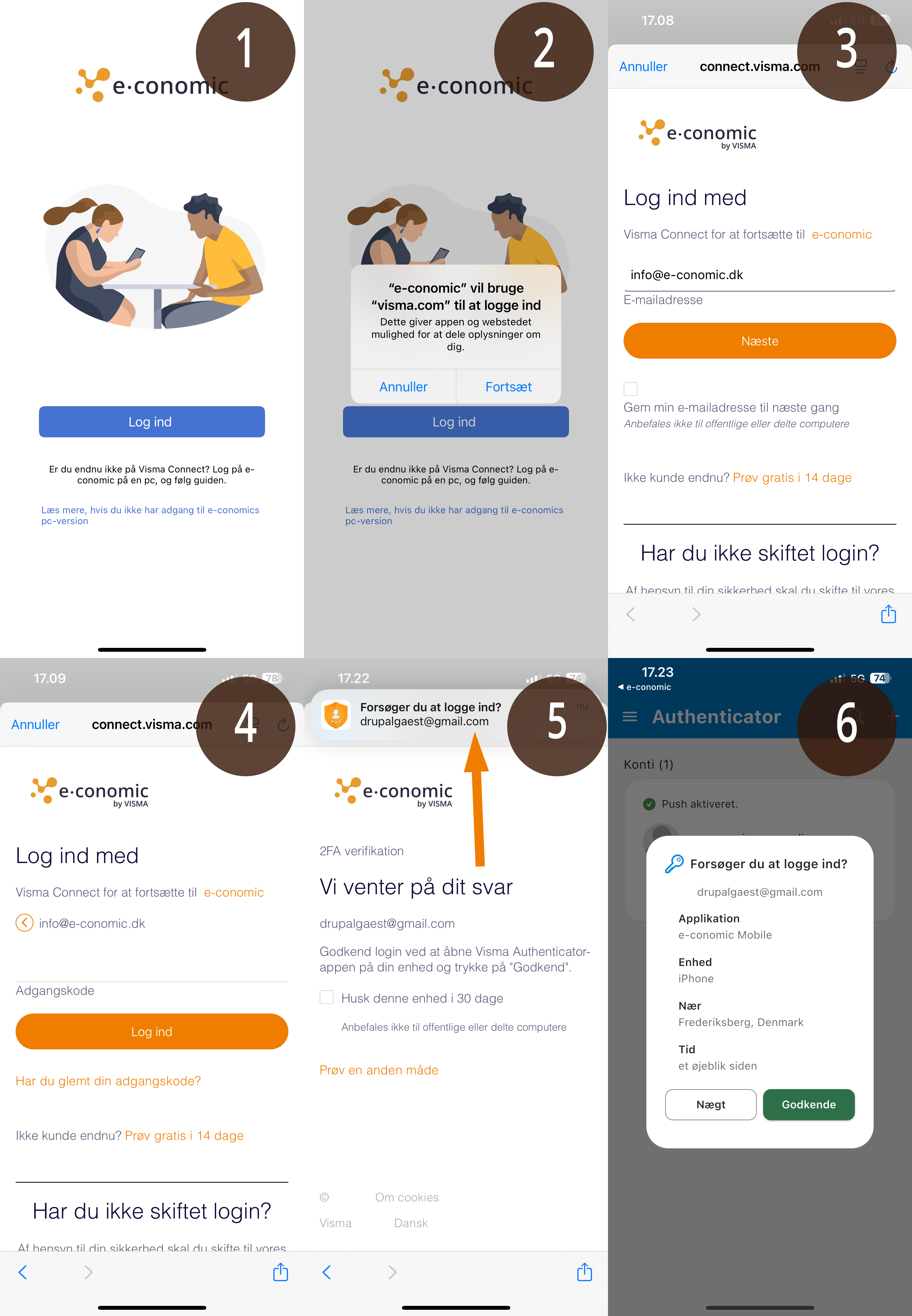 Viser login-flowet med to-faktor-godkendelse i e-conomic appen – bruges til at få sikker adgang til sin aftale.