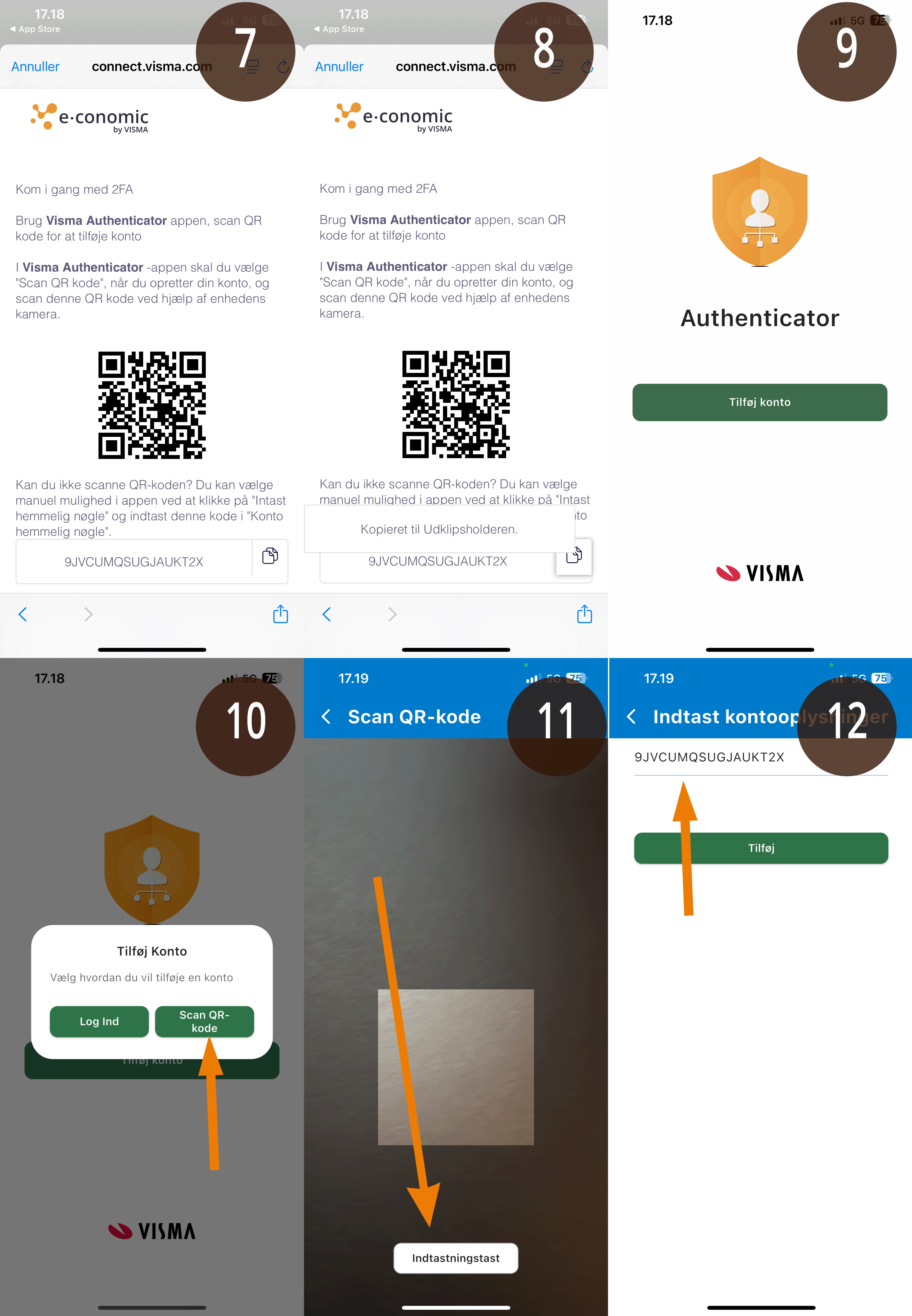 Viser forbindelsesflow med QR-kode og manuel nøgle i e-conomic og Visma Authenticator-appen – bruges til at aktivere to-faktor-login for sin konto.