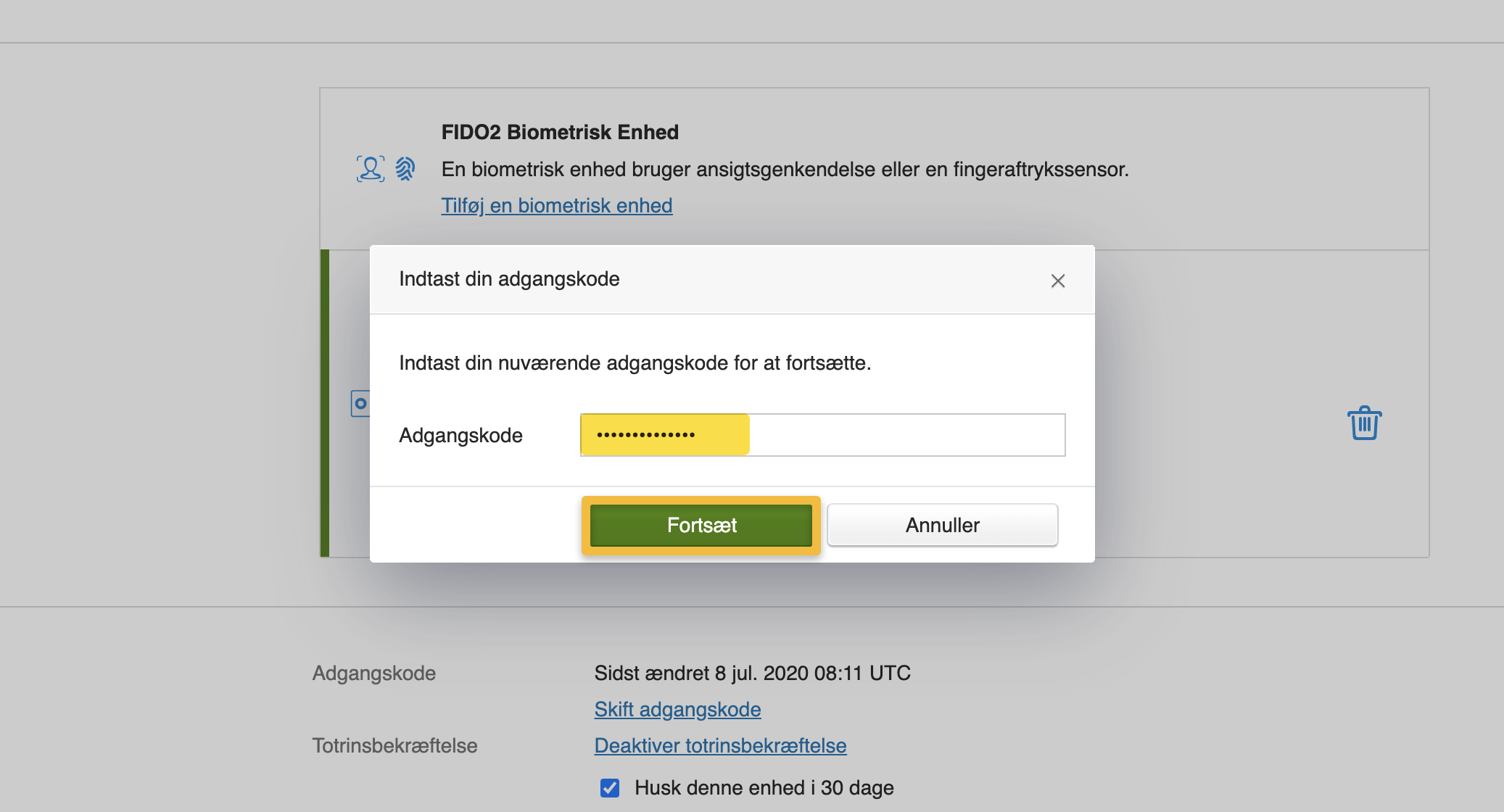 Viser indtastning af adgangskode i indstillinger for totrinsbekræftelse – bruges til at bekræfte brugerens identitet for at tilføje en biometrisk enhed.