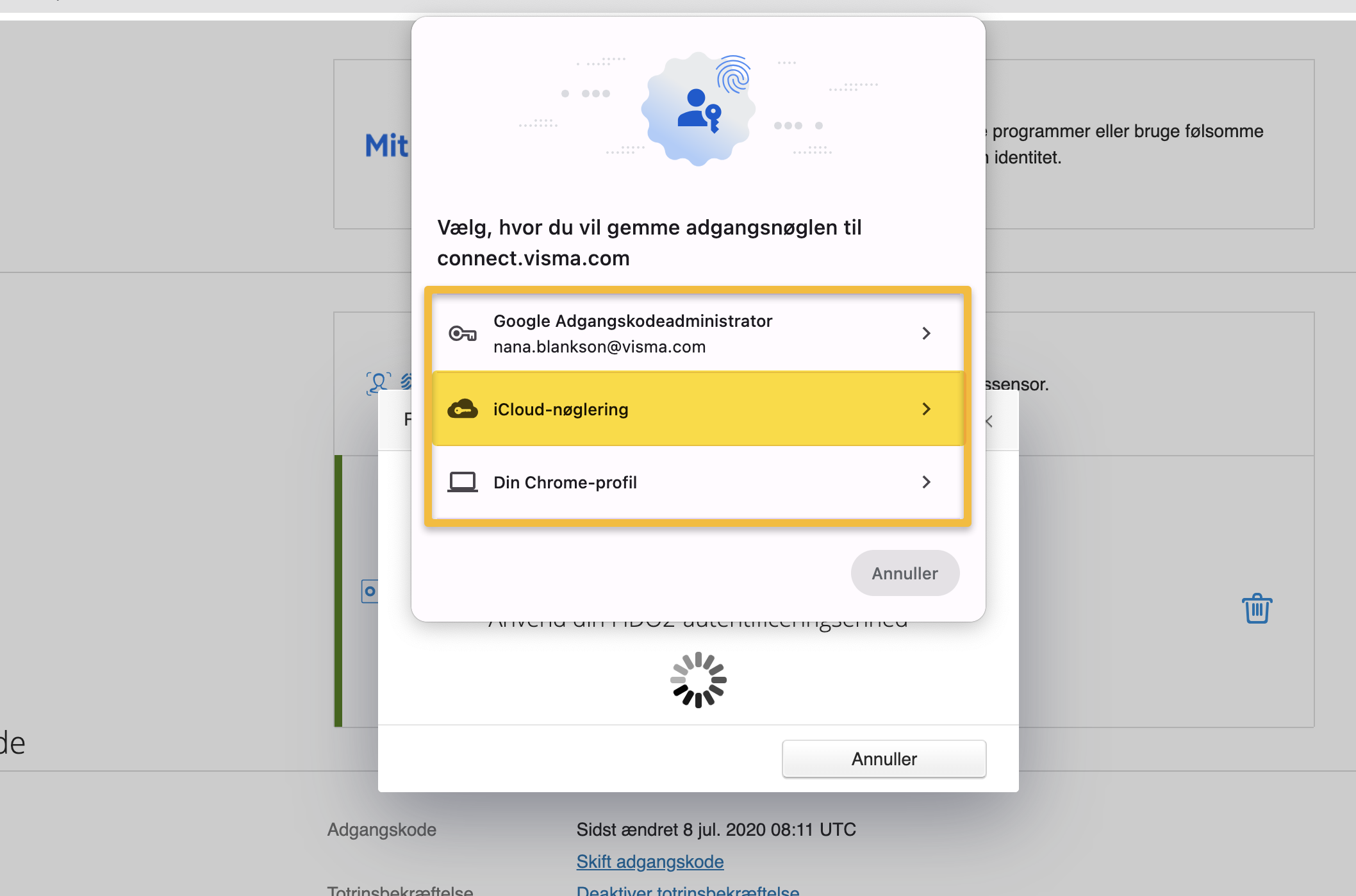 Viser valg af placering til en ny adgangsnøgle i opsætning af 2FA – bruges til at gemme adgangsnøglen i iCloud-nøglering på en Mac.