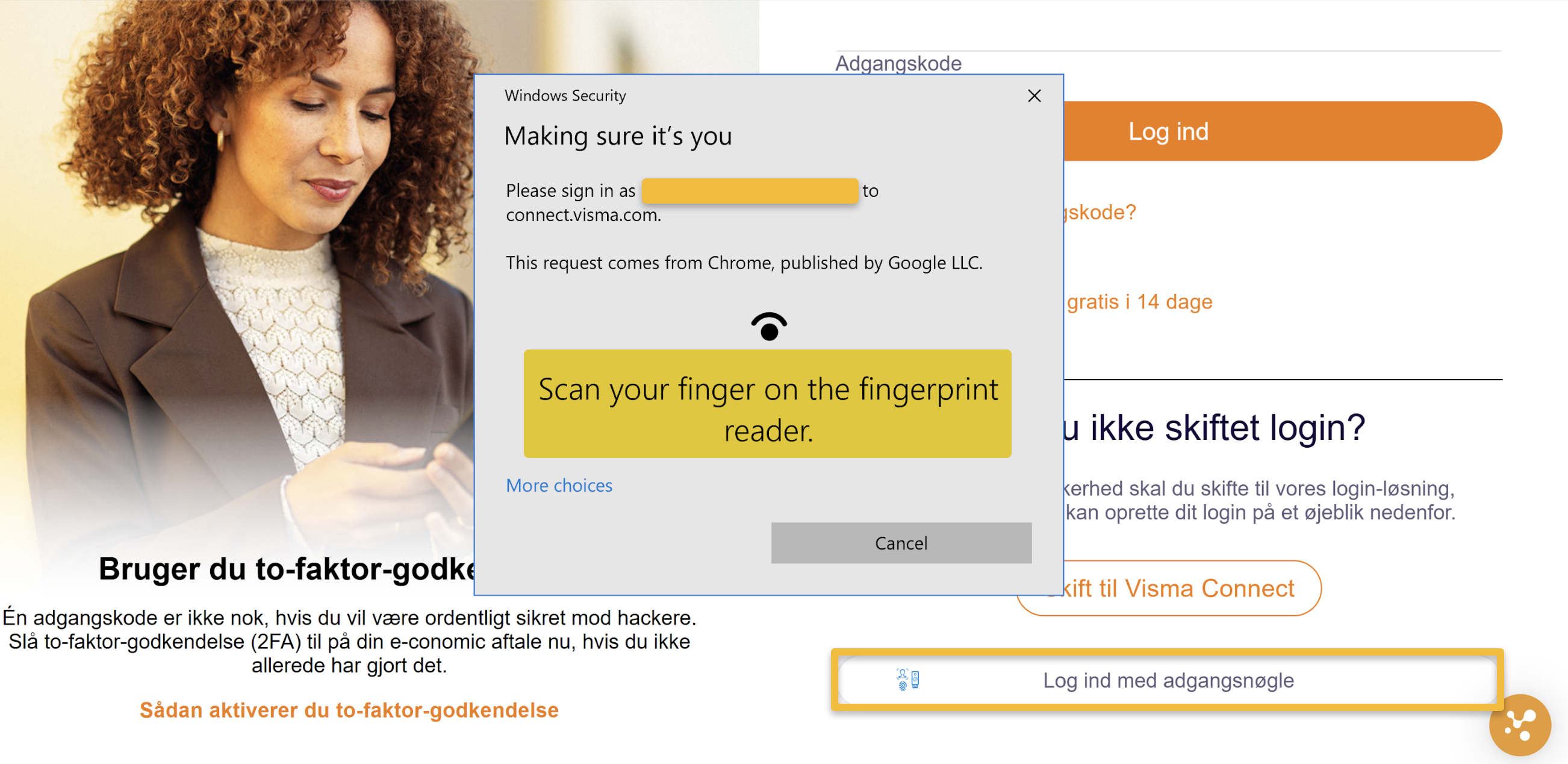 Viser godkendelsesdialogen til fingeraftryksscanning i Windows Security – bruges til at aktivere to-faktor-godkendelse.