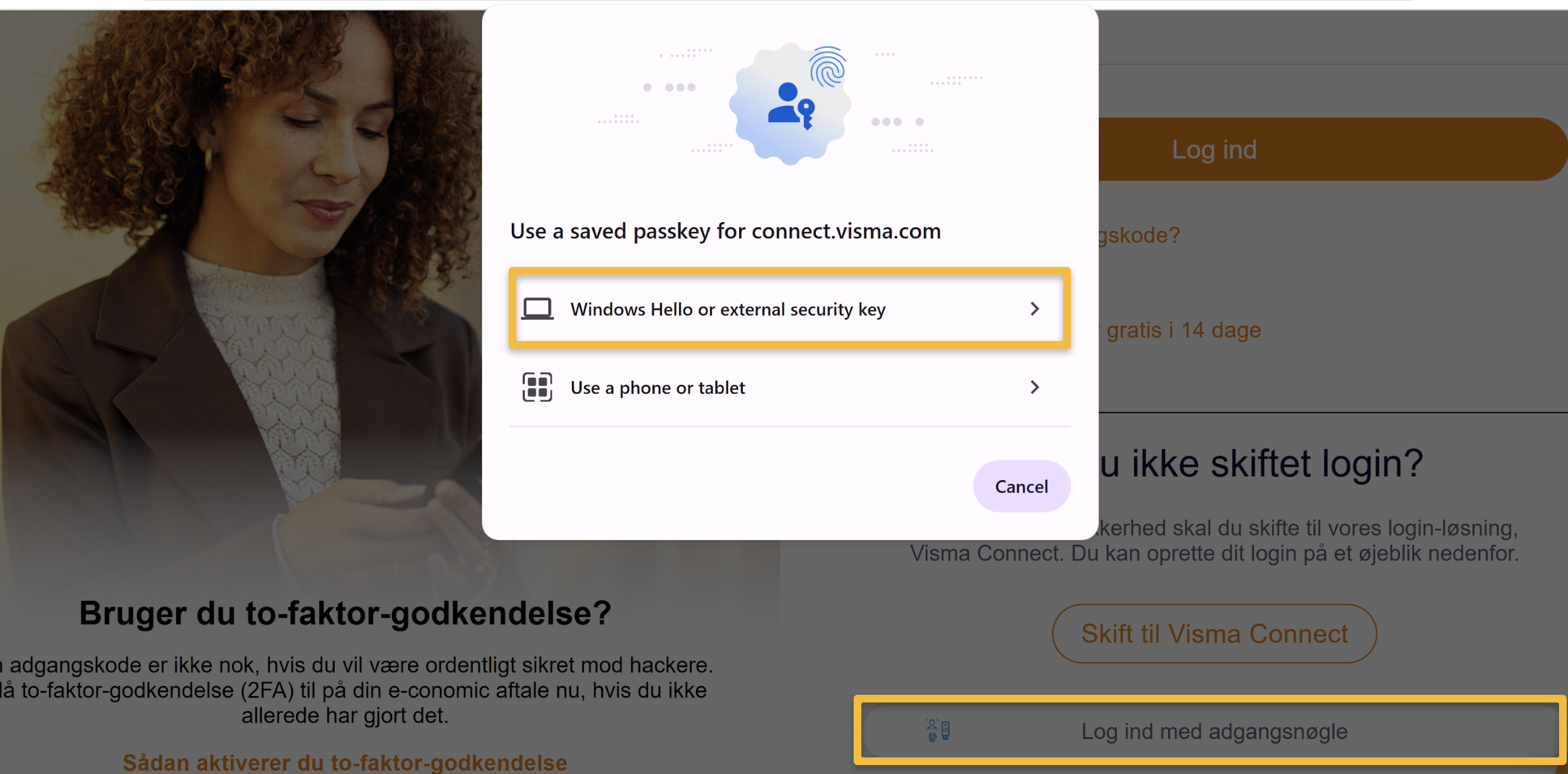 Viser valgmuligheden 'Windows Hello or external security key' i Visma Connect – bruges til at aktivere to-faktor-godkendelse med en biometrisk enhed.