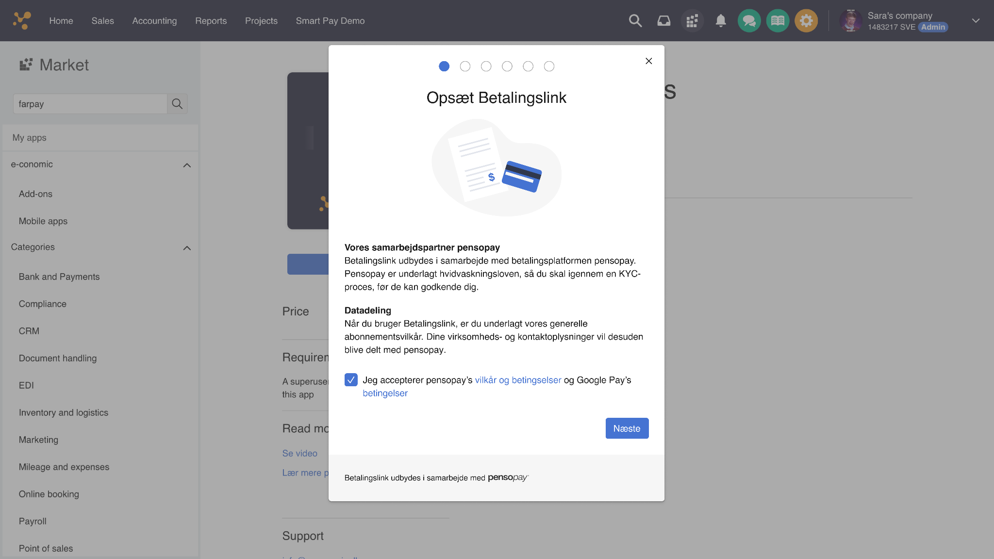 Viser accept af vilkår og betingelser for Betalingslink i Market – bruges til at aktivere integrationen.