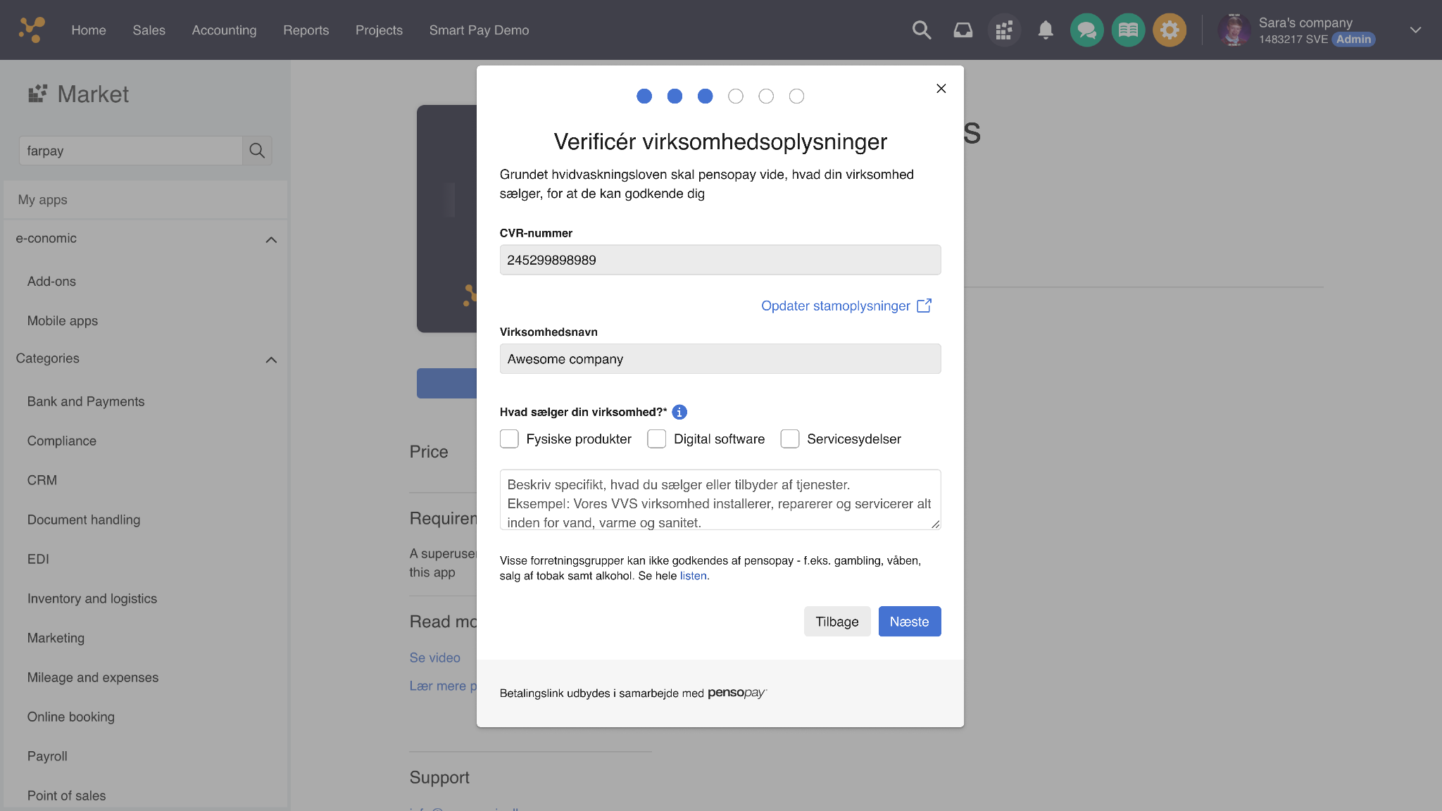 Viser verificering af virksomhedsoplysninger i opsætningen af Betalingslink-integrationen – bruges til at indtaste oplysninger for at få virksomheden godkendt af betalingsudbyderen.
