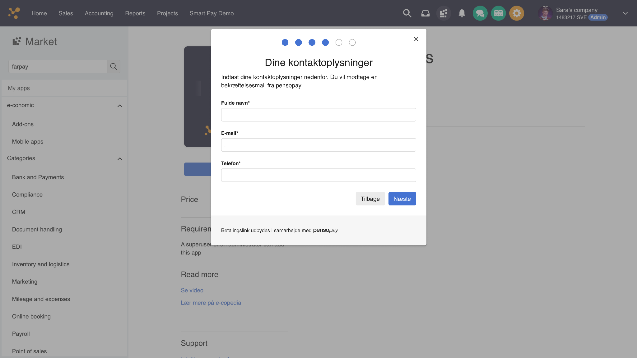Viser formularen 'Dine kontaktoplysninger' i Market – bruges til at påbegynde opsætningen af Betalingslink.