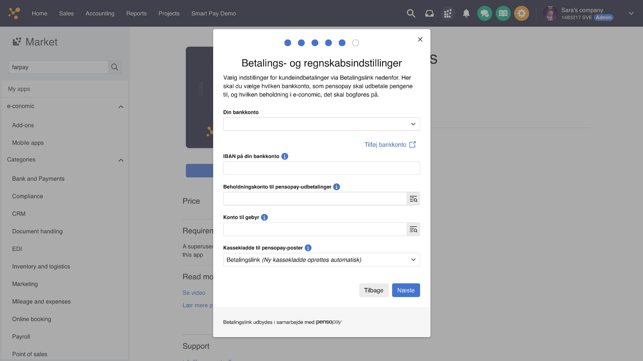 Viser opsætningsvinduet 'Betalings- og regnskabsindstillinger' i Market – bruges til at opsætte bank- og regnskabskonti for Betalingslink-integrationen.