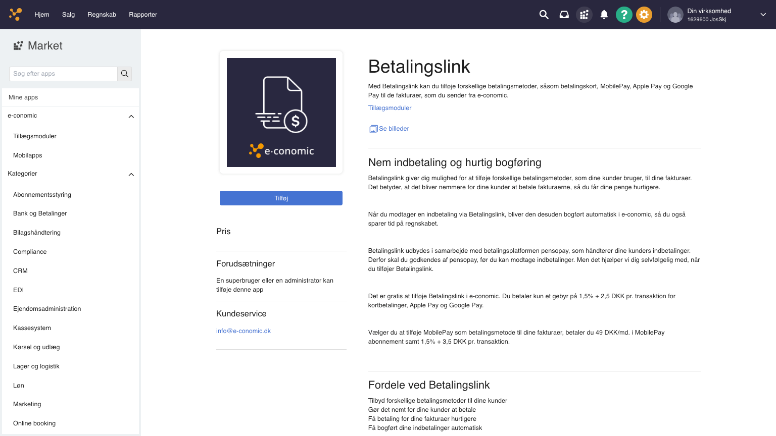 Viser knappen 'Tilføj' for Betalingslink-appen i Market – bruges til at aktivere integrationen.