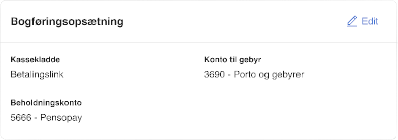 Viser bogføringsopsætningen i indstillingerne for Betalingslink – bruges til at se og redigere kassekladde, beholdningskonto og konto til gebyrer.