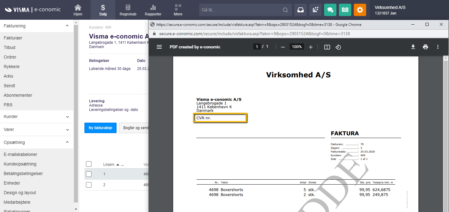 Viser et tomt CVR-nummer felt på en faktura i fakturavisningen – bruges til at vise standardlayoutet, når der mangler data på en kunde.