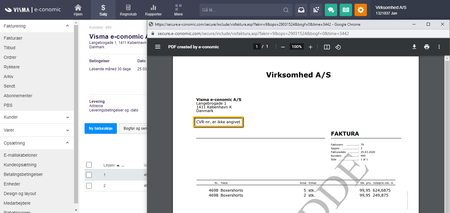 Viser en alternativ tekst for CVR-nummer på en faktura – bruges til at erstatte manglende kundeinformation med en standardtekst.