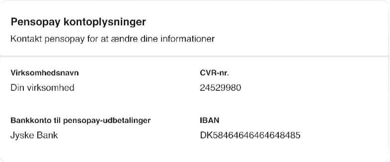 Viser Pensopay kontoplysninger i indstillingerne for Betalingslink – bruges til at se virksomhedens registrerede oplysninger til udbetalinger.