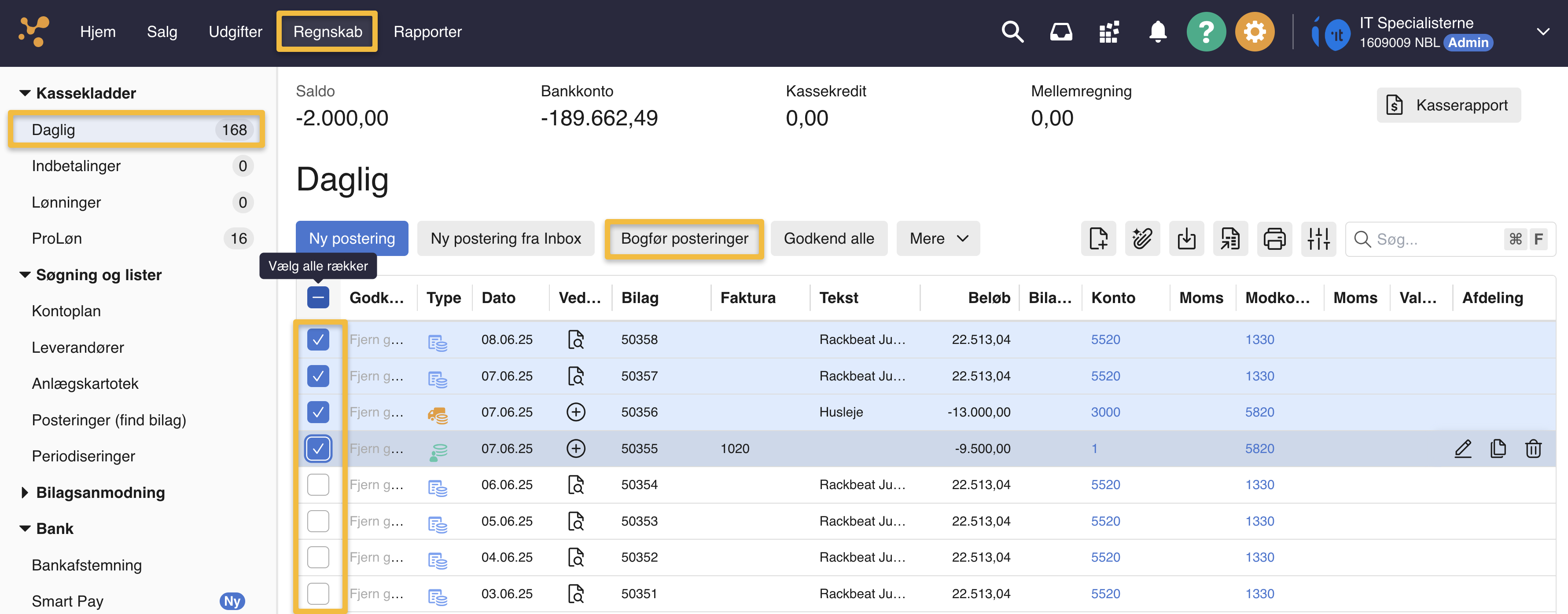 Viser knappen 'Bogfør posteringer' i en kassekladde – bruges til at bogføre de markerede posteringer.
