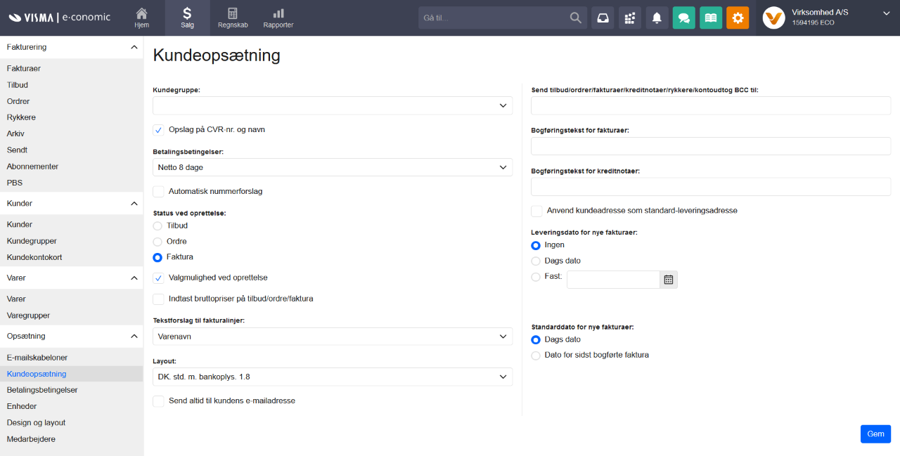 Viser Kundeopsætning i Salg – bruges til at oprette en standardopsætning for nye kunder.