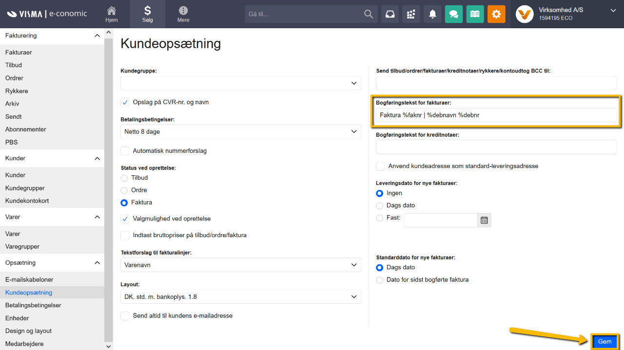 Viser feltet 'Bogføringstekst for fakturaer' i Kundeopsætning – bruges til at indsætte dynamiske felter, som automatisk genererer en bogføringstekst på fakturaer.