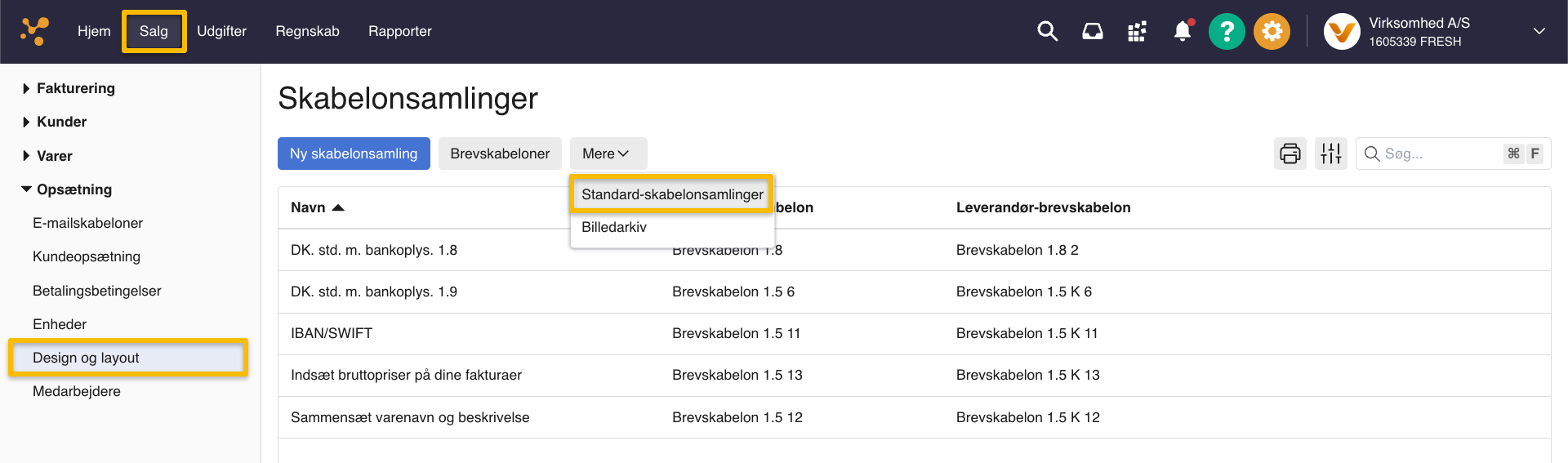 Viser navigationen til Standard-skabelonsamlinger i Design og layout – bruges til at finde systemets standardskabeloner til tilpasning.