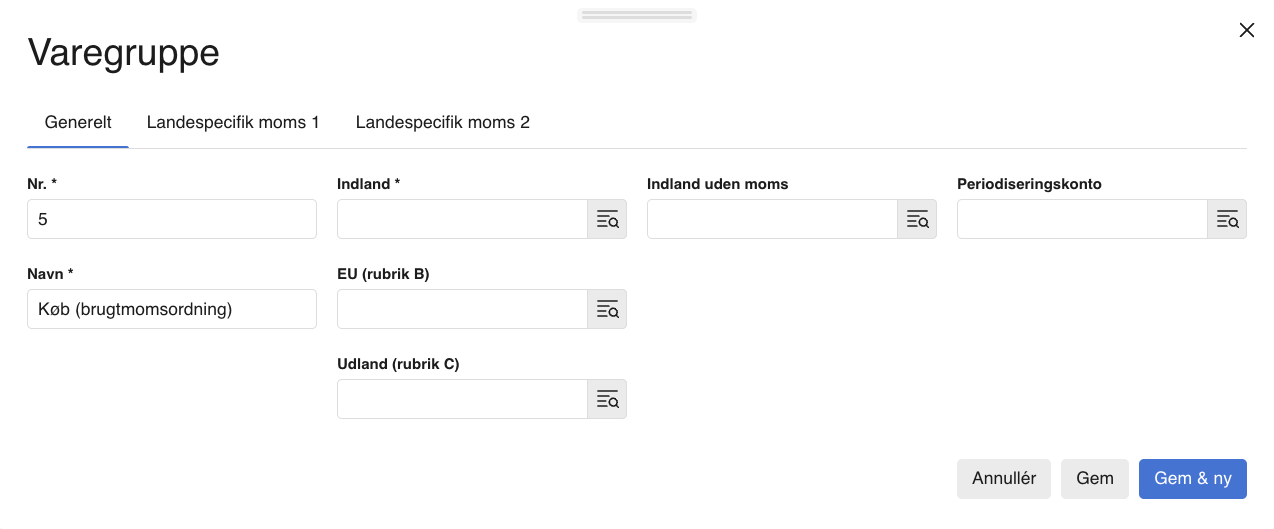 Viser oprettelsen af en varegruppe i vareindstillinger – bruges til at kategorisere køb under brugtmomsordningen.
