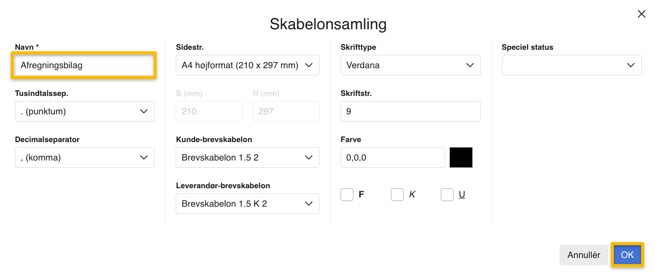 Viser indstillingerne for en skabelon i Skabelonsamling – bruges til at tilpasse layoutet til et afregningsbilag.