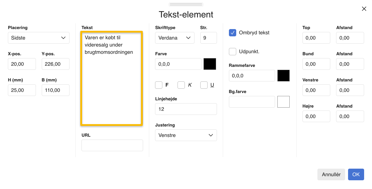 Viser et tekst-element i skabelonsamlingen – bruges til at tilføje en tekst om brugtmomsordningen til et afregningsbilag.