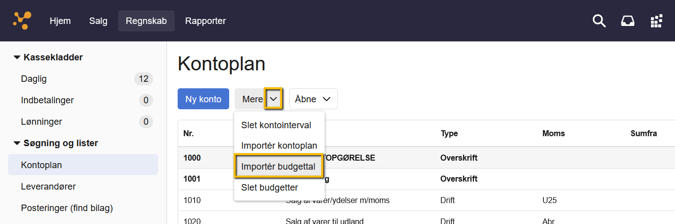 Viser menupunktet 'Importér budgettal' i Kontoplanen – bruges til at starte importen af budgettal.