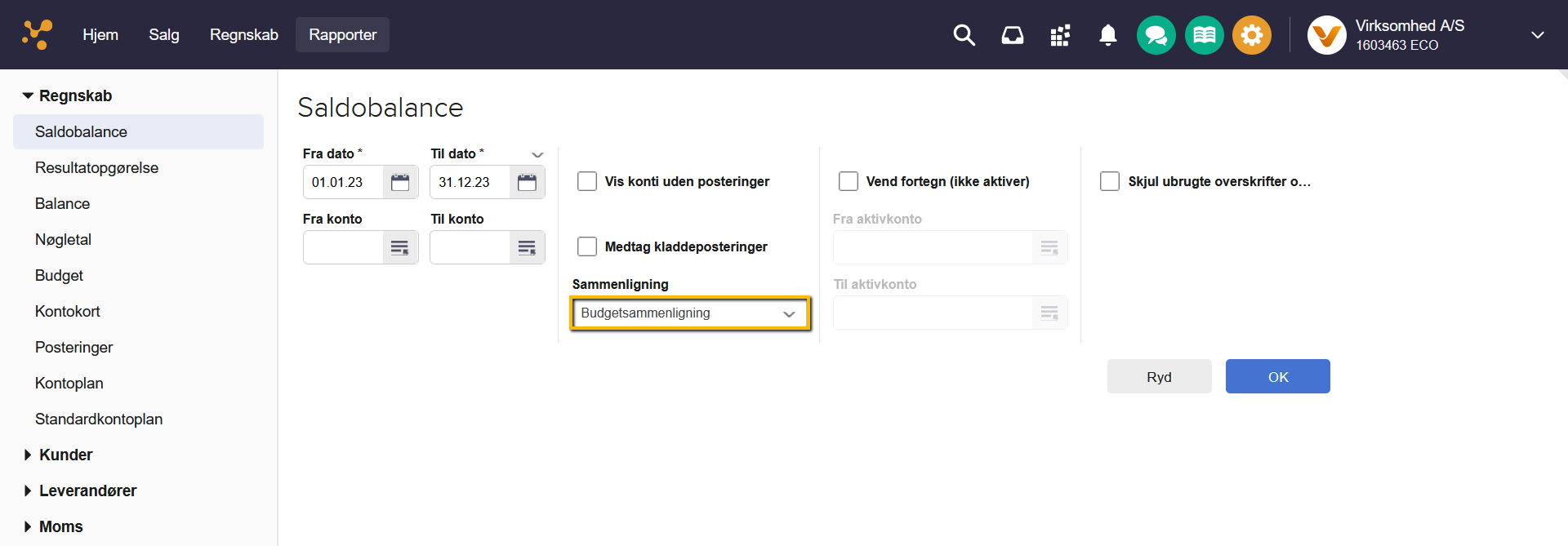 Viser valg af Budgetsammenligning i rapporten Saldobalance – bruges til at sammenligne regnskabstal med budgettet.