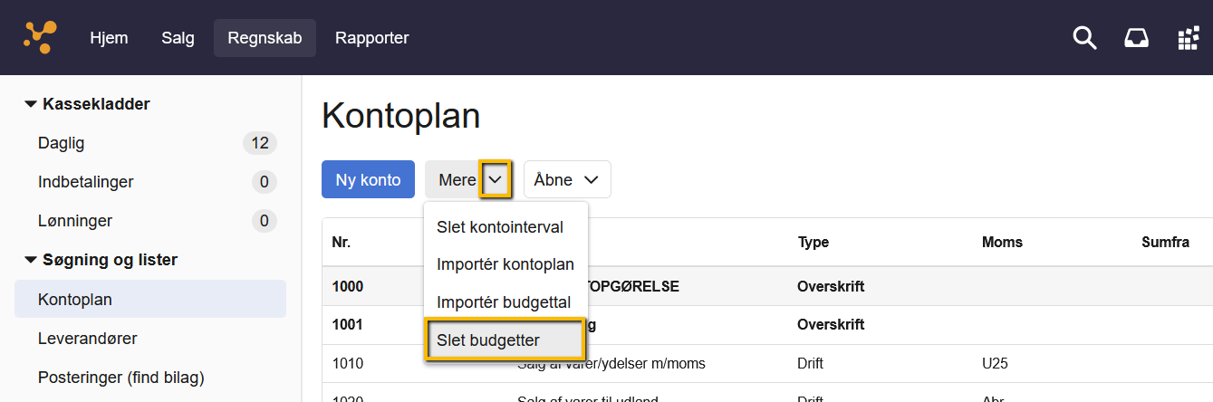 Viser valgmuligheden 'Slet budgetter' i Kontoplanen – bruges til at slette gamle budgetposter, inden der importeres nye tal.
