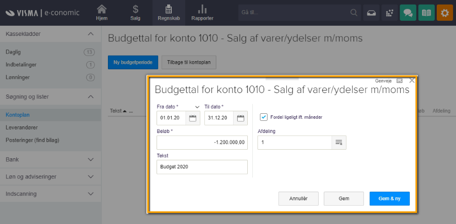 Viser dialogboksen til oprettelse af en ny budgetperiode i Budgetmodulet – bruges til at oprette et budgetbeløb for en konto og knytte det til en bestemt afdeling.